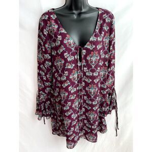 Tularosa Tunic Dress Top Eggplant Floral Bell Sleeve Ruffle Size S Romantic